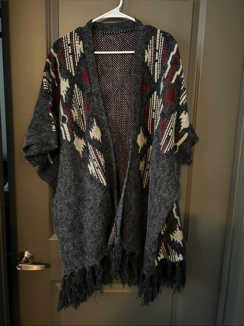 Charcoal Open-Front Aztec Knit Poncho Sweater - Gray with Cream & Burgundy